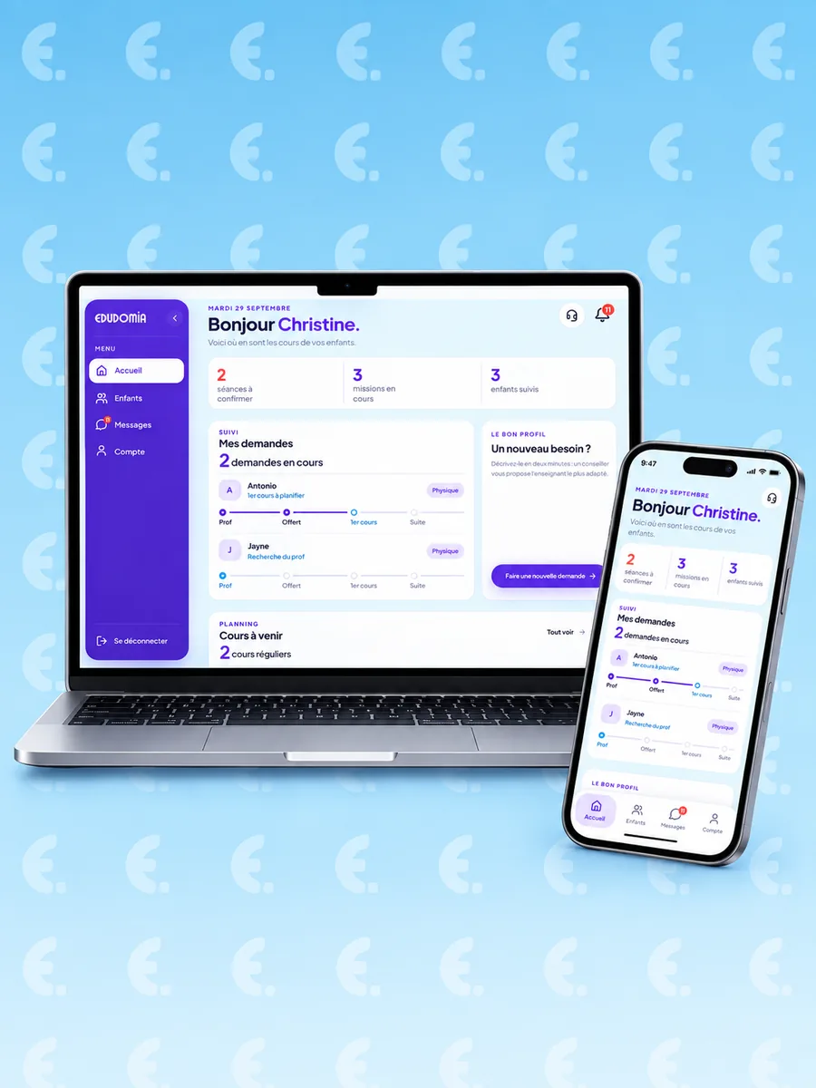 Aperçu de l'espace famille Edudomia sur ordinateur et sur téléphone