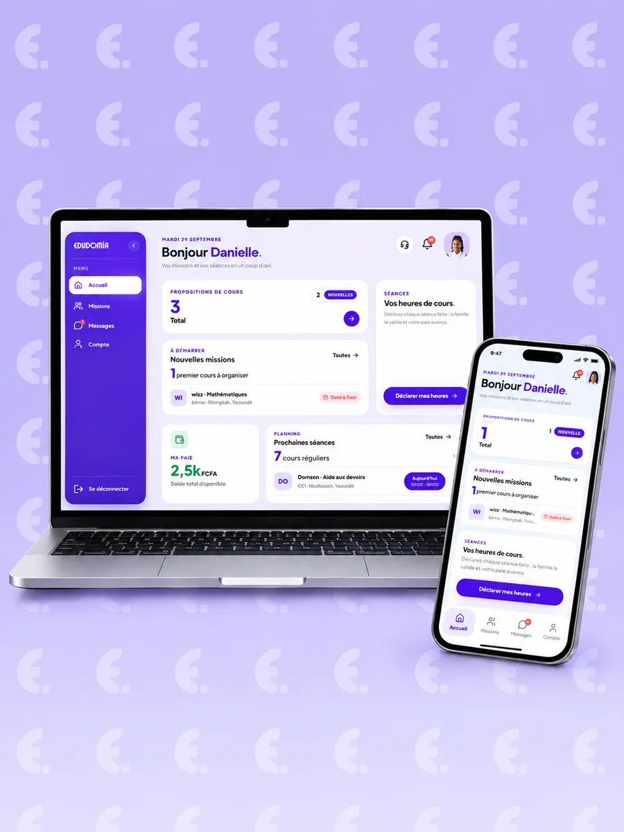Aperçu de l'espace enseignant Edudomia sur ordinateur et sur téléphone
